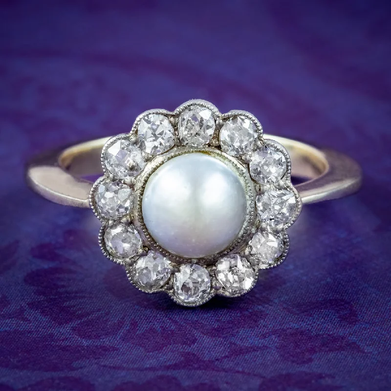 ladies-unique-platinum-rings-Antique Victorian Natural Pearl Diamond Daisy Cluster Ring 1ct Of Diamond