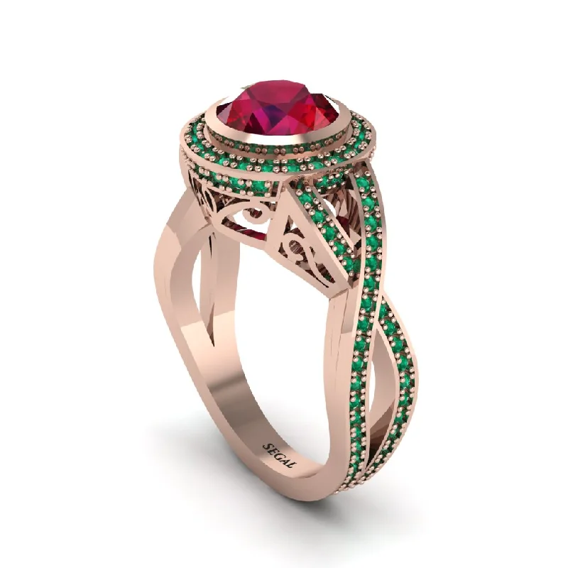 engagement-birthstone-diamond-ring-Ruby Filigree Halo Twist Shank Engagement Ring - Wren No. 26