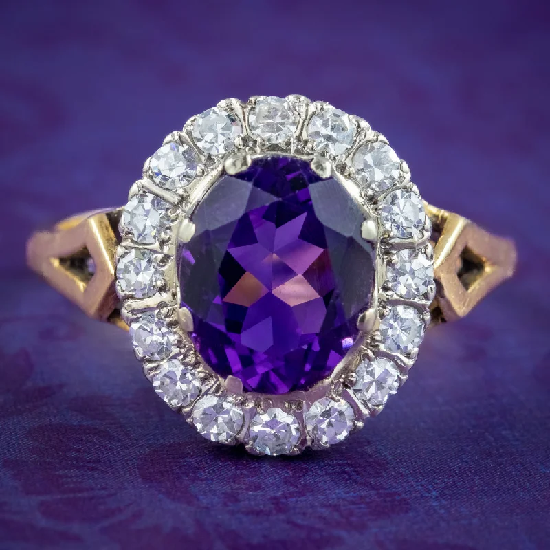 ladies-cushion-cut-silver-rings-Vintage Amethyst Diamond Cluster Ring 2.5ct Amethyst