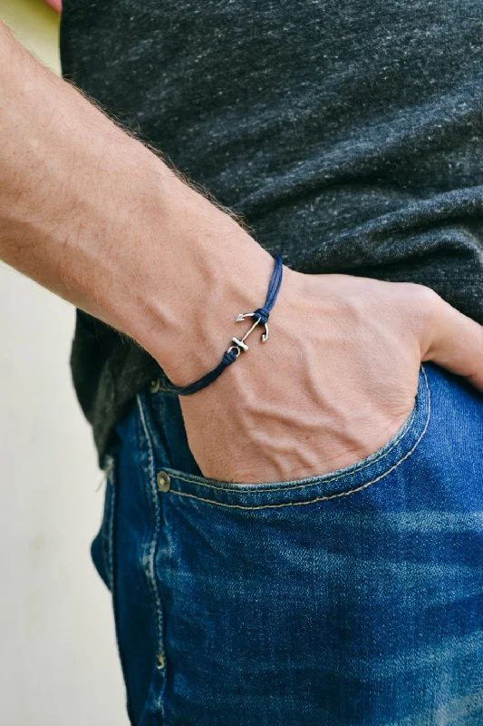 Ladies bracelets quirky bands -Silver anchor bracelet for men, blue cord, gift for him