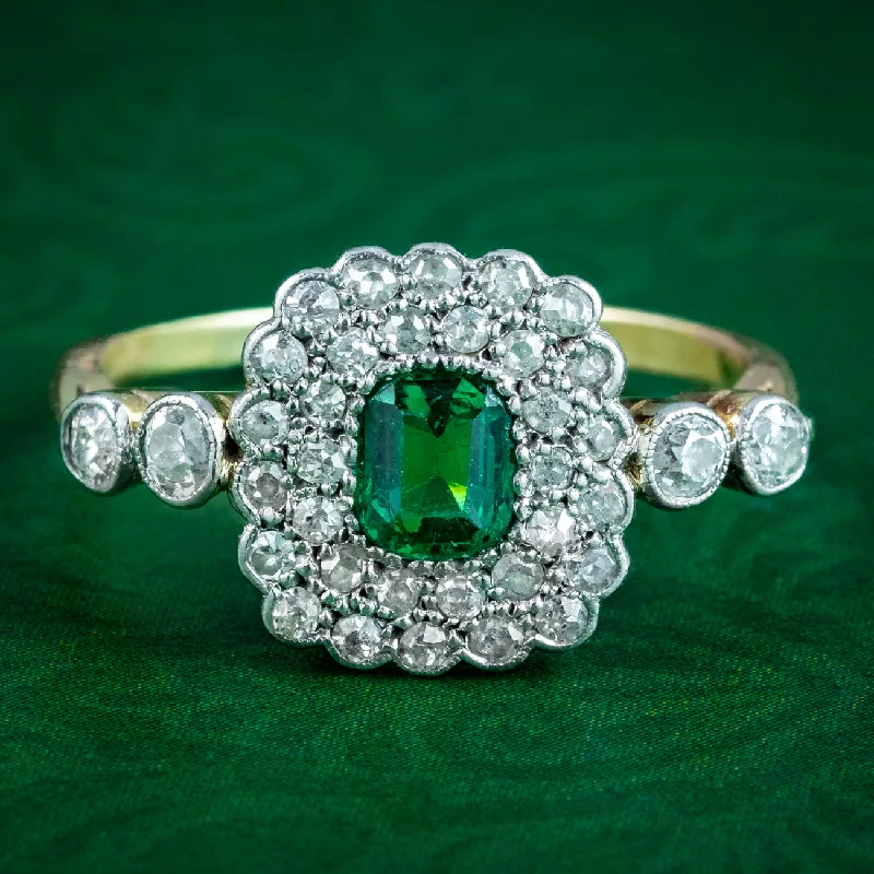 ladies-ruby-solitaire-rings-Antique Victorian Emerald Diamond Cluster Ring 0.60ct Emerald