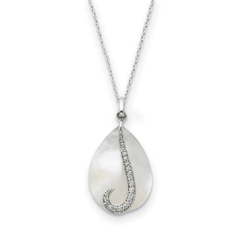 Ladies necklaces with sea calcite -Sterling Silver, CZ & Mother of Pearl Tear From Heaven Necklace, 18 In