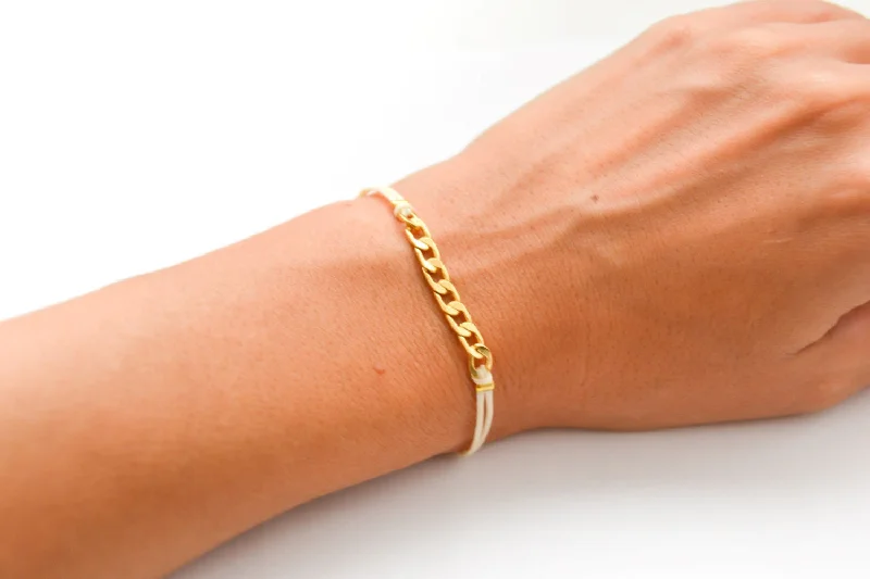 Ladies bracelets with blaze charms -Beige cord bracelet with a gold plated flat chain charm, gift for her, preppy jewelry