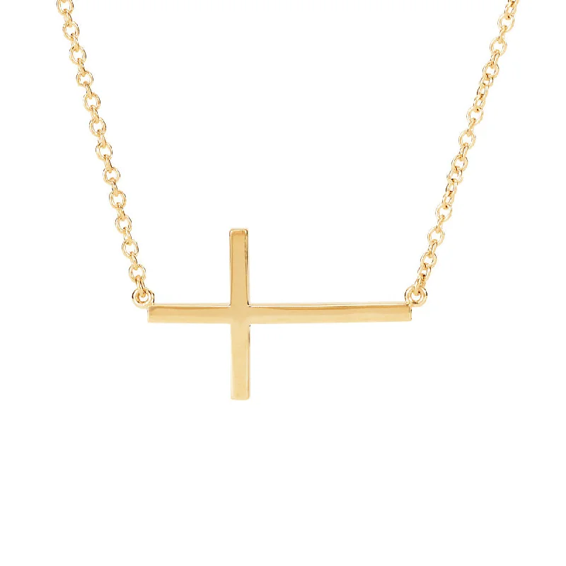 Ladies necklaces for yoga lovers -28mm Polished Sideways Cross Adjustable 14k Yellow Gold Necklace