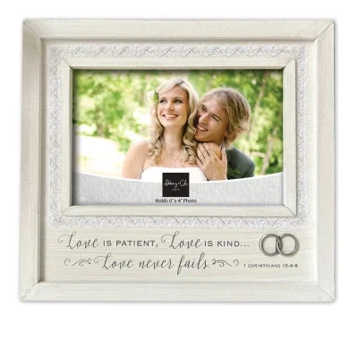 ladies-rose-gold-modern-rings-Love Is Patient Frame with Boxed Lace, Rings, Easel and Hanger