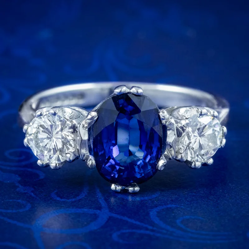 ladies-asscher-cut-platinum-rings-Edwardian Style Sapphire Diamond Trilogy Ring 2ct Sapphire