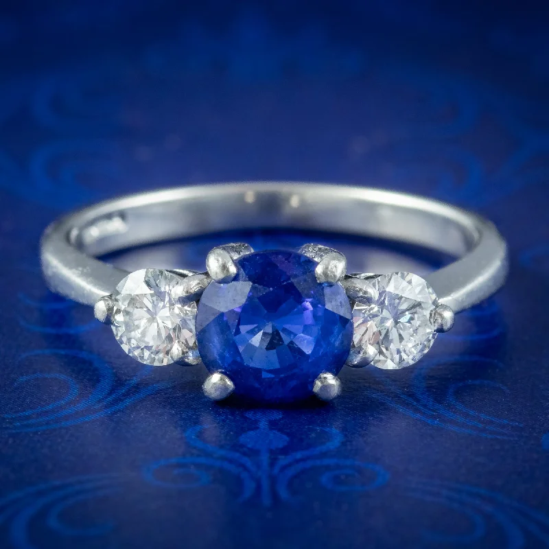 ladies-elegant-sapphire-rings-Edwardian Style Sapphire Diamond Trilogy Ring 1.5ct Sapphire