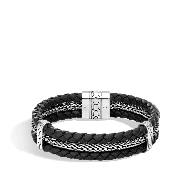 Ladies bracelets for online vibes -Classic Chain Silver Triple Row Bracelet on Black Leather