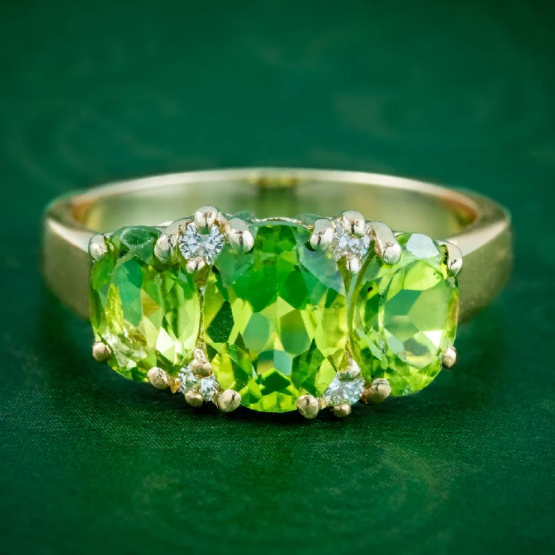 ladies-elegant-gold-rings-Victorian Style Peridot Diamond Trilogy Ring 9ct Gold