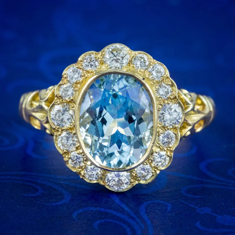 ladies-round-sapphire-rings-Victorian Style Aquamarine Diamond Cluster Ring 2.5ct Aqua