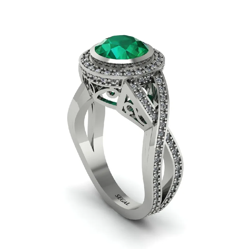 engagement-affordable-silver-ring-Emerald Filigree Halo Twist Shank Engagement Ring - Wren No. 6