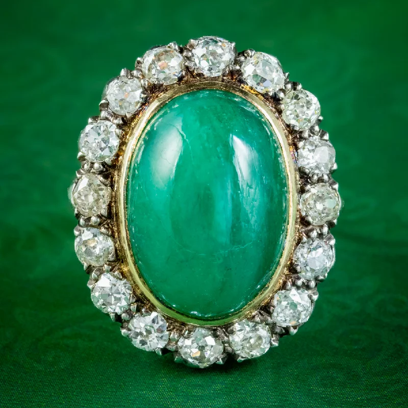 ladies-elegant-silver-rings-Antique Victorian Emerald Diamond Cluster Ring 11ct Cabochon Emerald