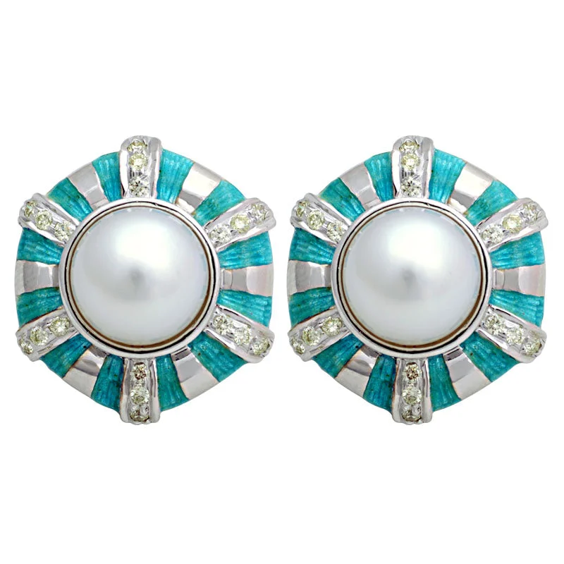 ladies-delicate-silver-earrings-Earrings-South Sea Pearl and Diamond (Enamel)