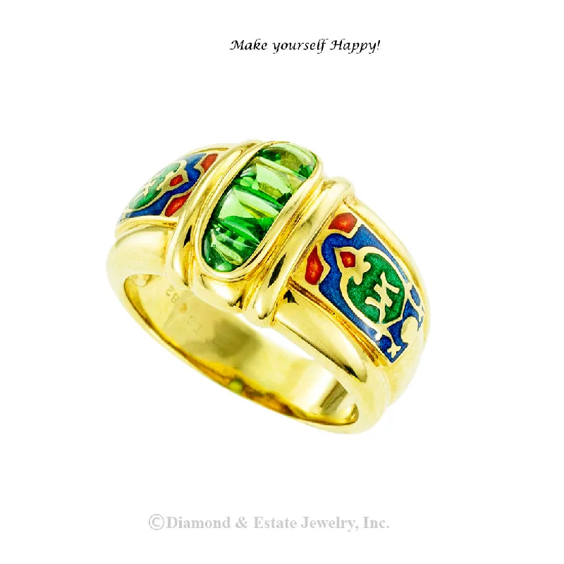 ladies-bridal-sapphire-rings-Green Tourmaline Polychrome Enamel Gold Band Ring