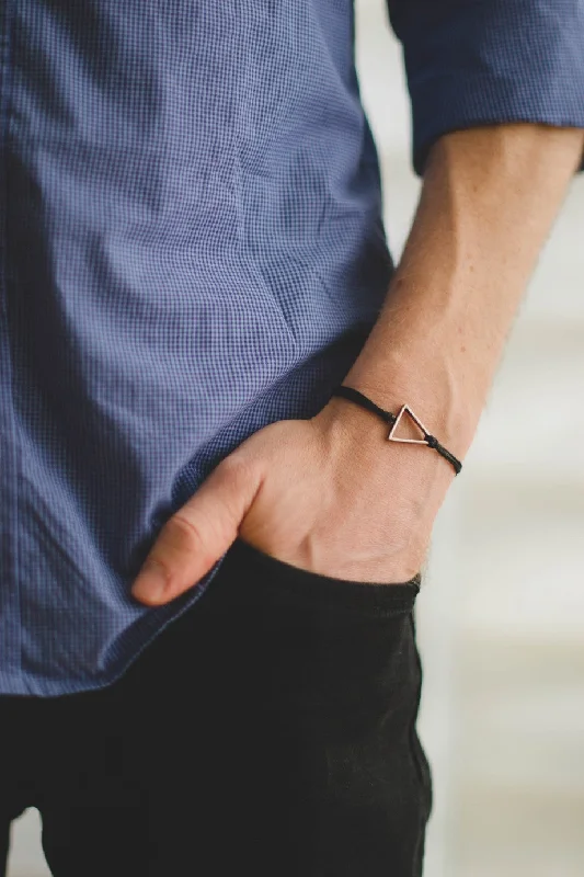 Ladies bracelets with galaxy charms -Silver triangle bracelet for men, mens bracelet with a black cord