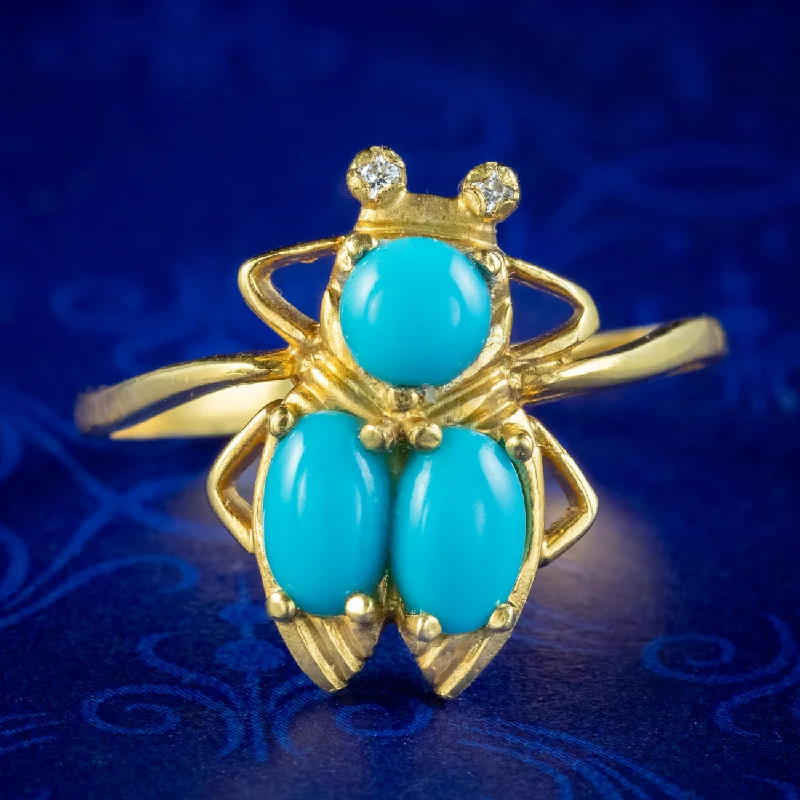 ladies-gold-three-stone-rings-Victorian Style Turquoise Insect Ring