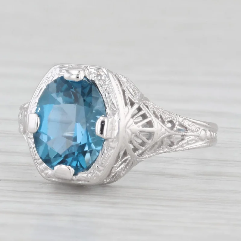 engagement-pearl-unique-ring-Vintage 1.84ct London Blue Topaz Filigree Ring 14k White Gold Sz 7.5 Engagement