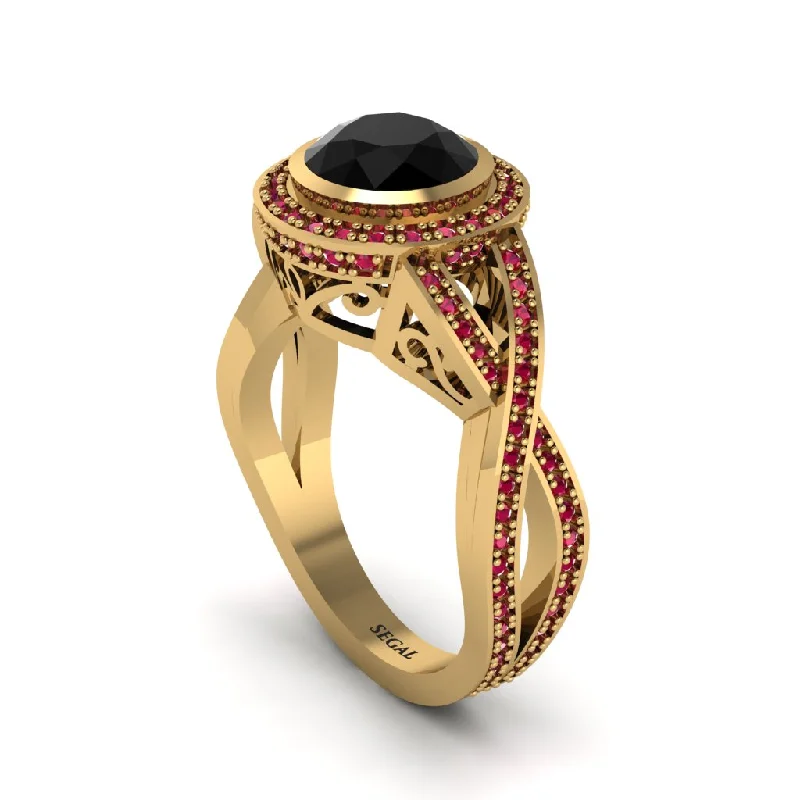 engagement-birthstone-rose-gold-ring-Black Diamond Filigree Halo Twist Shank Engagement Ring - Wren No. 52