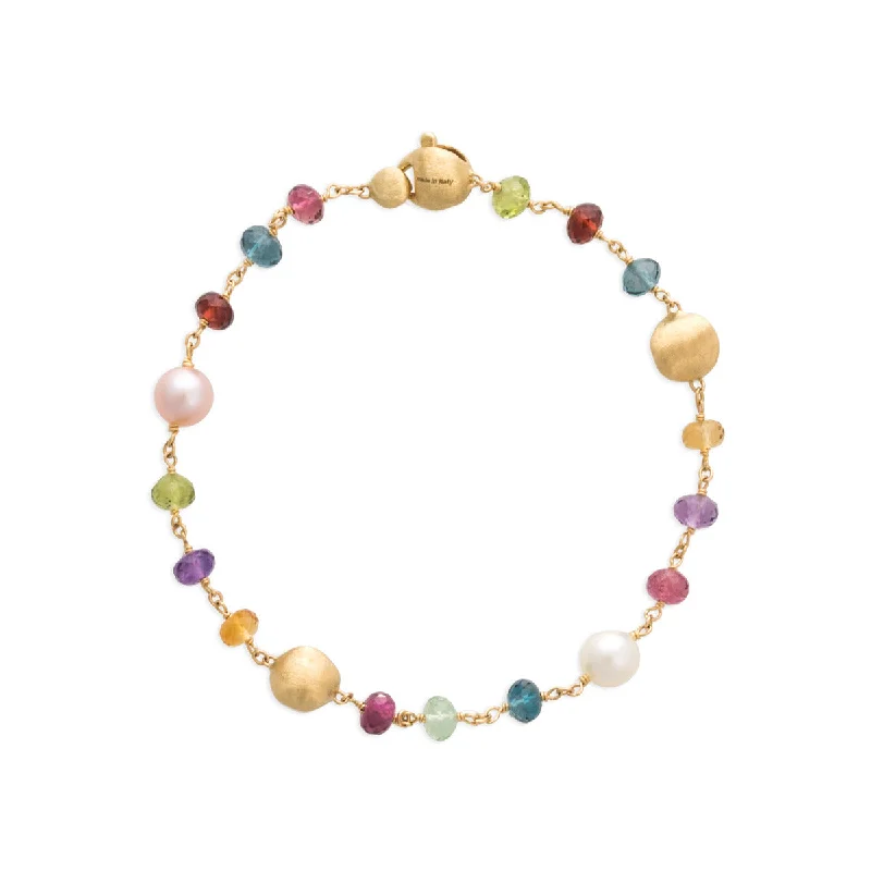 Ladies bracelets for blooming vibes -18K Yellow Gold Mixed Gemstone and Pearl Single Strand Bracelet