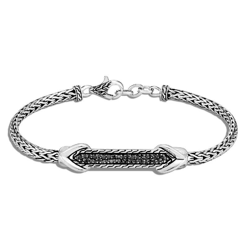 Ladies bracelets fun flair -Asli Classic Chain Link Silver Slim Chain Station ID Bracelet with Treated Black Sapphire and Black Spinel