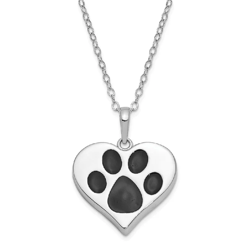 Ladies necklaces for camp vibes -Sterling Silver Antiqued Black Paw Heart Ash Holder Necklace, 18 Inch