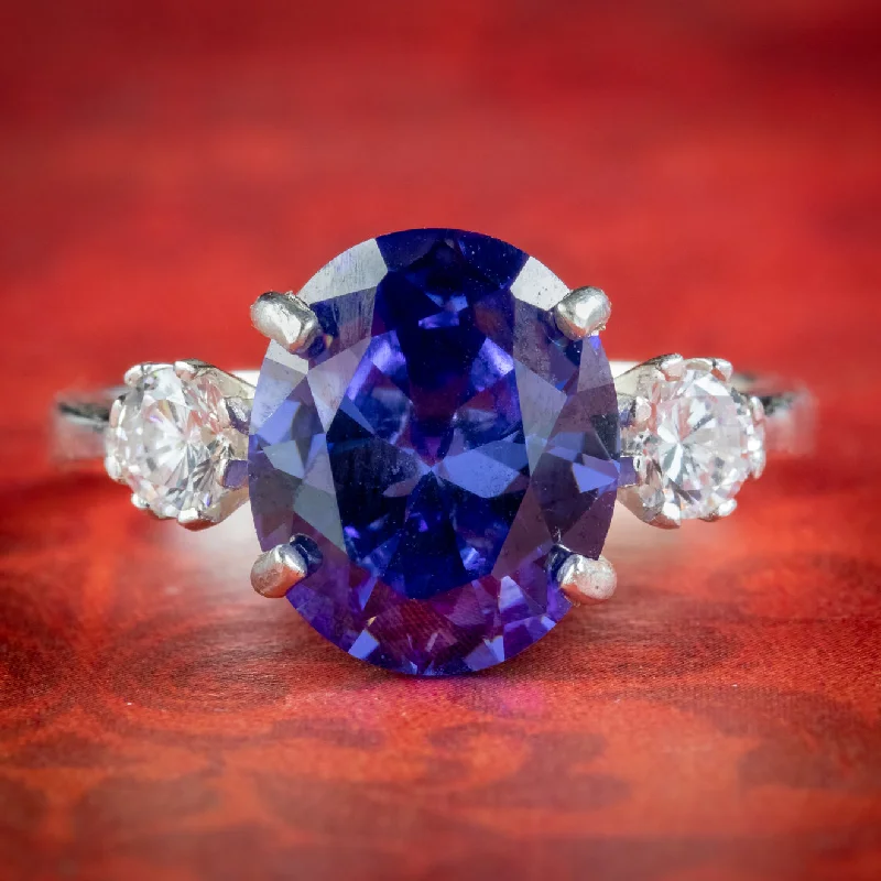 ladies-diamond-classic-rings-Edwardian Style CZ Tanzanite Trilogy Ring Silver