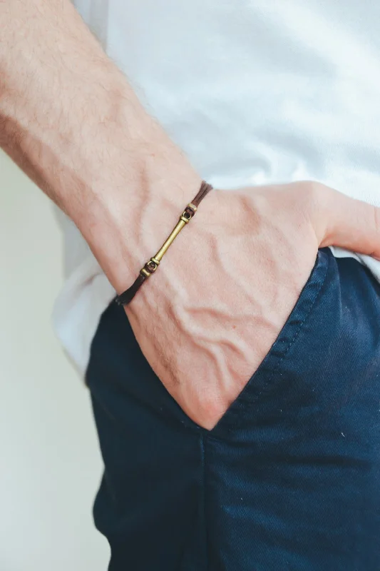 Ladies bracelets platinum shine -Brown cord bracelet for men with long bronze bar