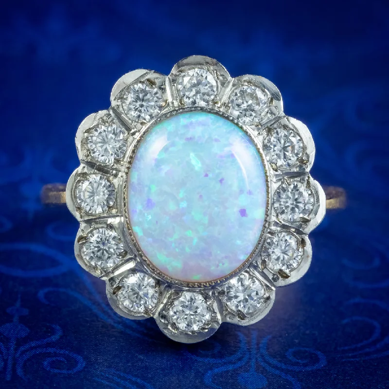 ladies-affordable-silver-rings-Edwardian Style Opal Cz Daisy Cluster Ring 5.5ct Opal