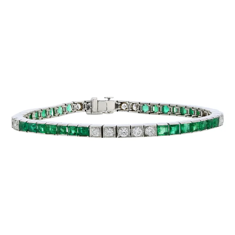 Ladies bracelets sleek elegance -Art Deco Platinum Diamond and Emerald Straight Row Bracelet