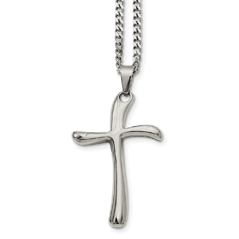 Ladies necklaces for grad celebrations -Stainless Steel Polished Curved Cross Necklace - 22 Inch