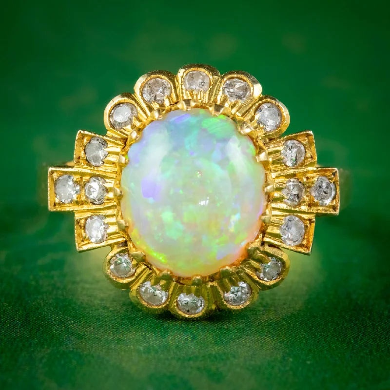 ladies-birthstone-rose-gold-rings-Vintage Opal Diamond Cluster Ring 18ct Gold 2.50ct Natural Opal