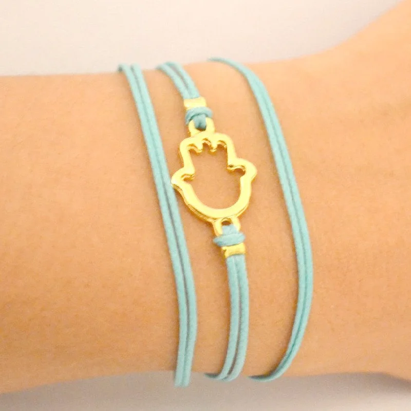 Ladies bracelets for 18th birthdays -Gold plated wrapped Hamsa bracelet, turquoise cord, evil eye protection