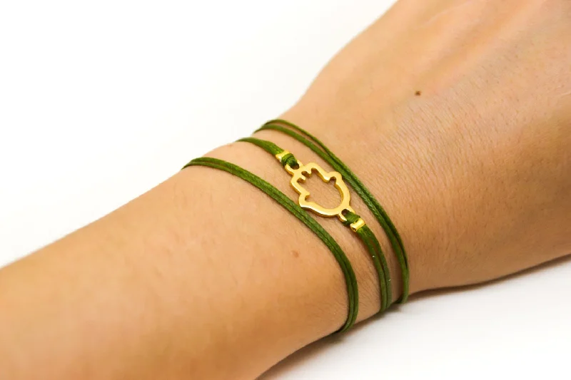 Ladies bracelets with alphabet charms -Wrapped green cord bracelet with gold Hamsa charm