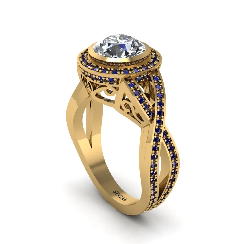 engagement-sapphire-twist-ring-Diamond Filigree Halo Twist Shank Engagement Ring - Wren No. 61