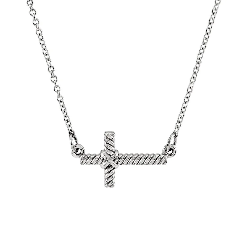 Ladies necklaces for students -16mm Sideways Rope Cross Necklace in 14k White Gold, 16.5 Inch