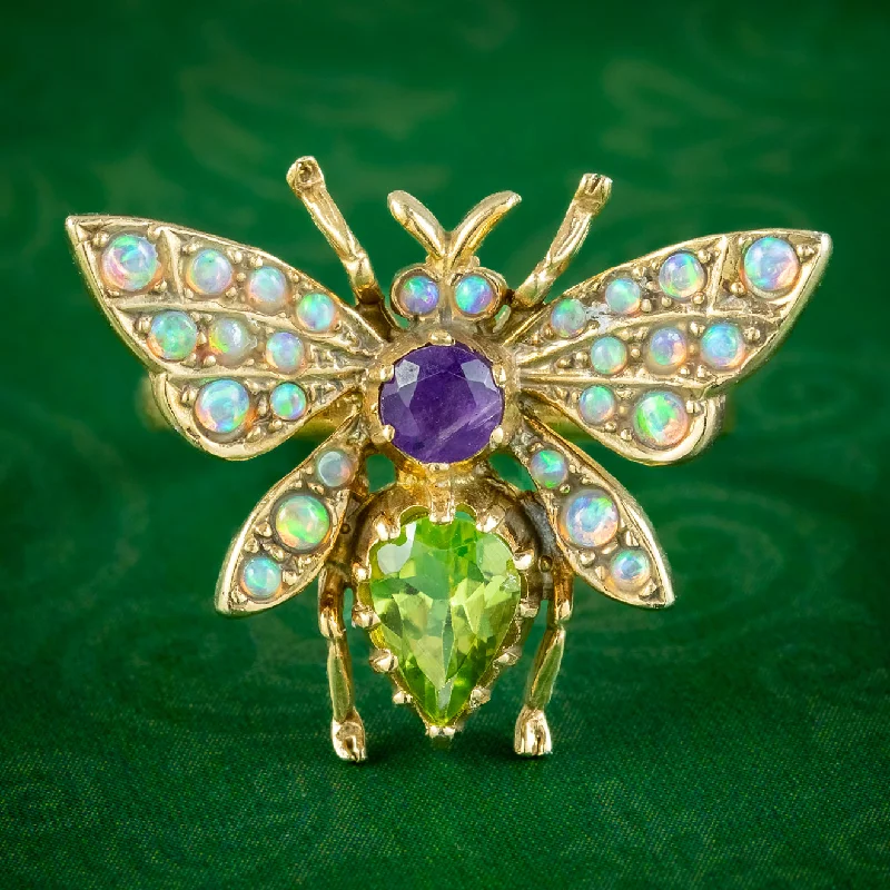 ladies-affordable-silver-rings-Edwardian Suffragette Style Bee Ring Opal Amethyst Peridot