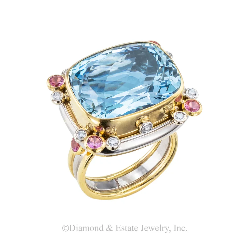 ladies-radiant-cut-sapphire-rings-Aquamarine Pink Sapphire Diamond Two Tone Gold Cocktail Ring