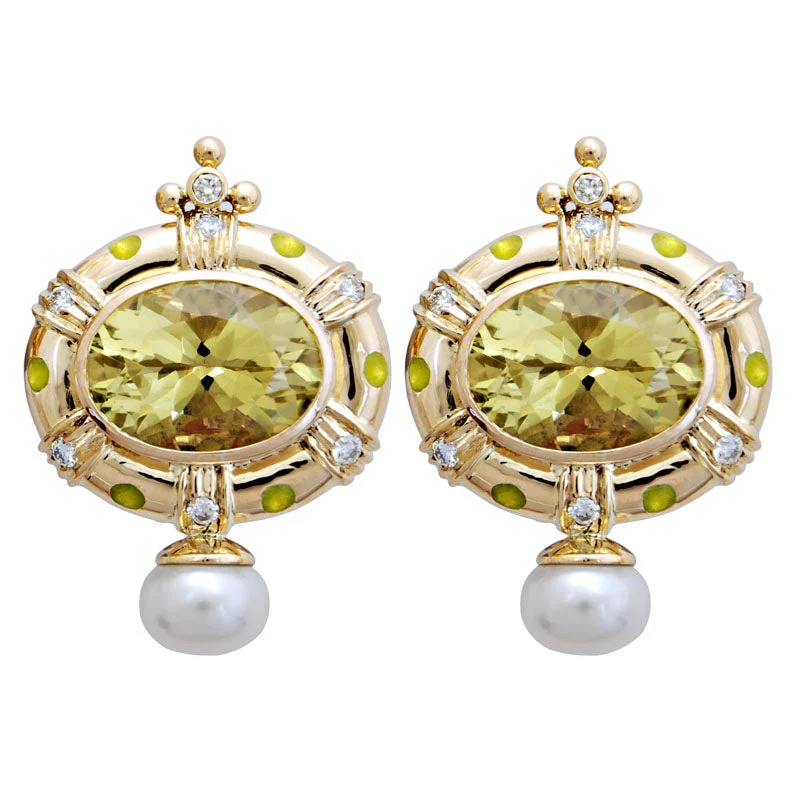 ladies-rose-gold-cluster-earrings-Earrings-Lemon Quartz, Pearl and Diamond (Enamel)