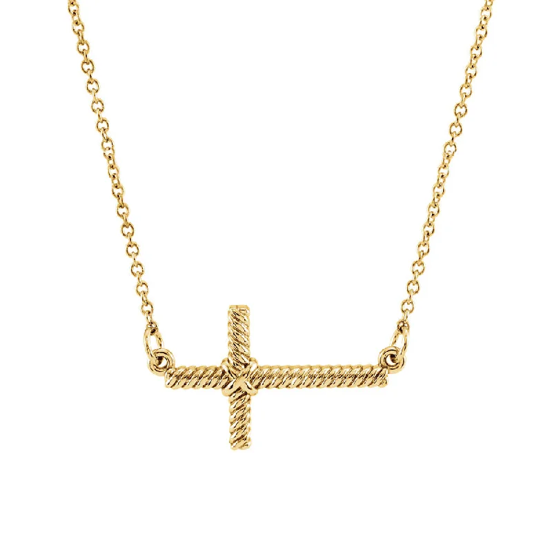 Ladies necklaces with midnight obsidian -20mm Sideways Rope Cross Necklace in 14k Yellow Gold, 16.5 Inch