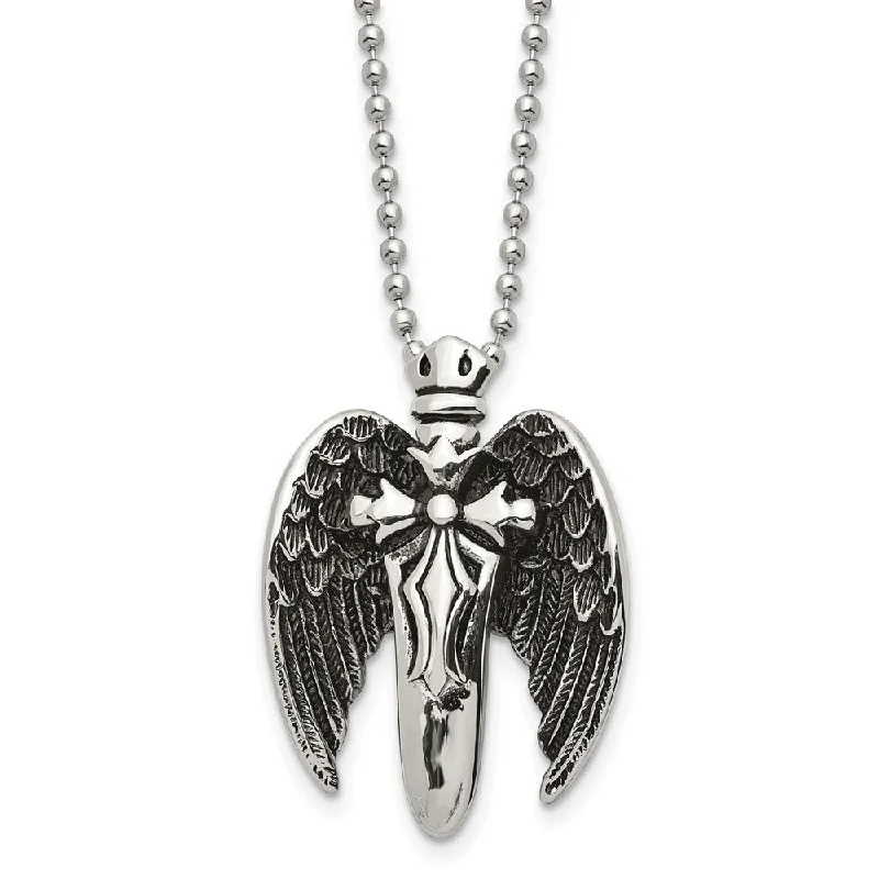 Ladies necklaces funky designs -Men's Stainless Steel Antiqued Winged Sword Necklace, 22 Inch