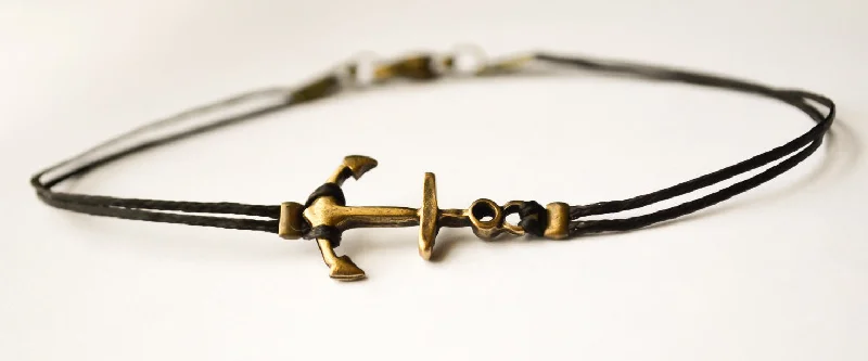 Ladies bracelets with alphabet charms -Bronze anchor bracelet for men, black cord, custom color and size, gift for him