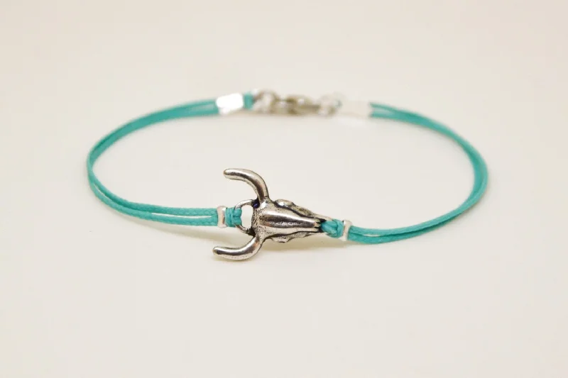 Ladies bracelets classic flair -Men's bracelet with silver bull charm, turquoise cord, bull skull