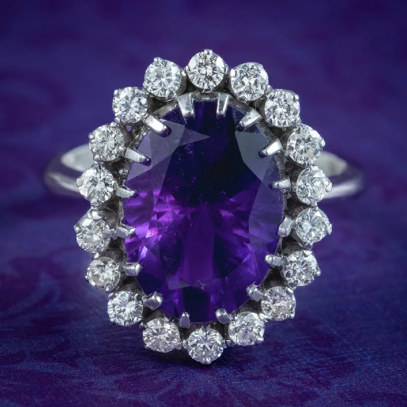 ladies-cushion-cut-gold-rings-Vintage Amethyst Diamond Cluster Ring 6ct Amethyst