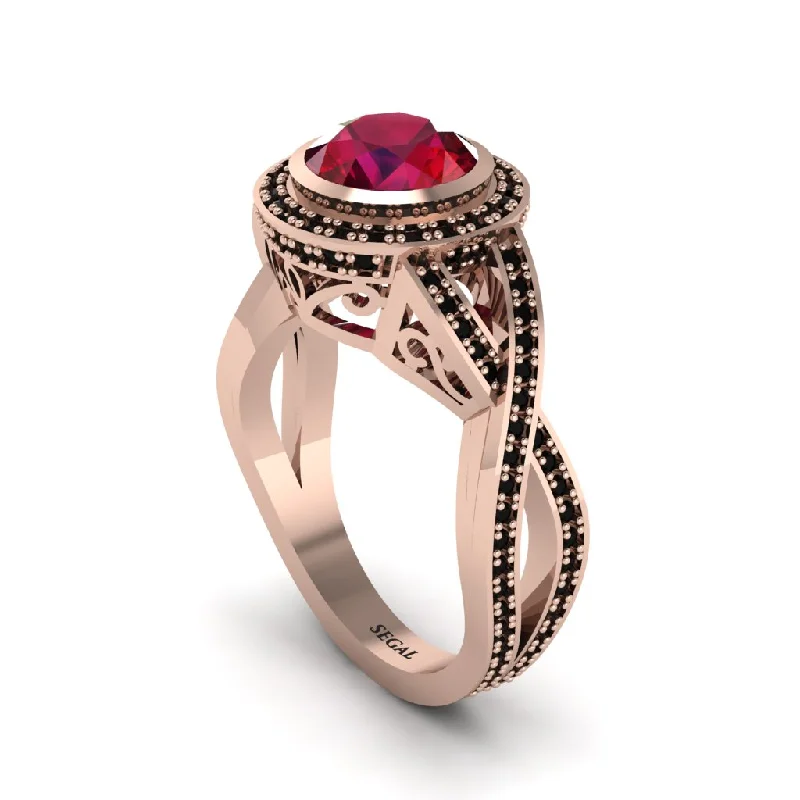 engagement-sapphire-classic-ring-Ruby Filigree Halo Twist Shank Engagement Ring - Wren No. 41