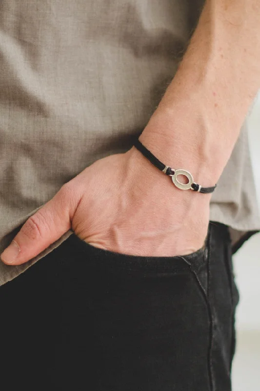 Ladies bracelets with ash shungite -Charm bracelet for men, silver oval charm, black cord, handmade gift for boyfriend