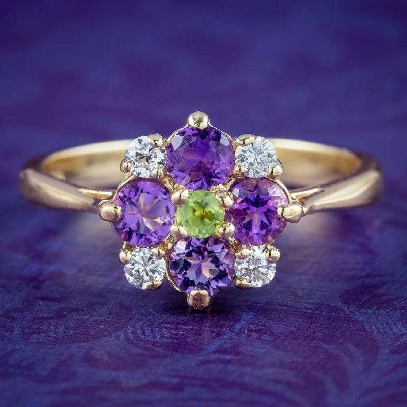 ladies-emerald-cut-diamond-rings-Edwardian Style Suffragette Cluster Ring Amethyst Peridot Diamond