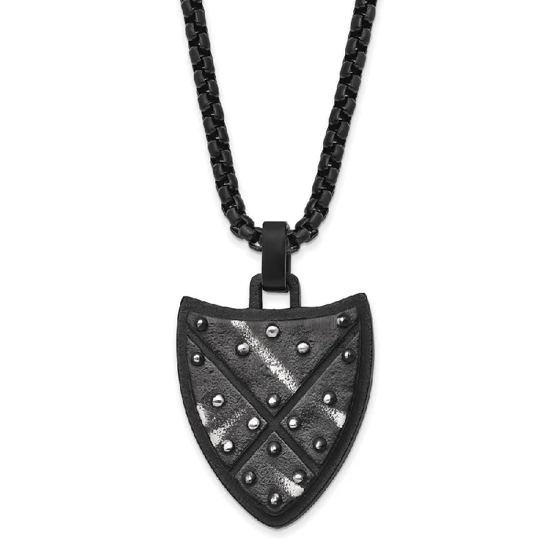 Ladies necklaces for photographers -Black Plated Stainless Steel Antiqued & Brushed Shield Necklace, 24 In