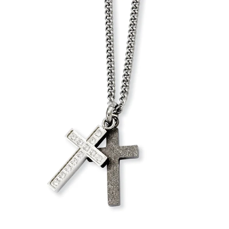 Ladies necklaces for writers -Stainless Steel Laser-cut and CZ Double Cross Necklace - 20 Inch