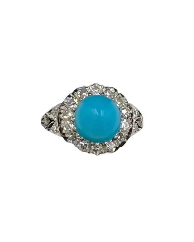 ladies-cushion-cut-silver-rings-1950s Vintage Turquoise Diamond Platinum Cluster Ring