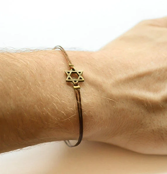 Ladies bracelets cool elegance -Star of David bracelet for men with brown cord and bronze charm a Jewish gift for him from Israel